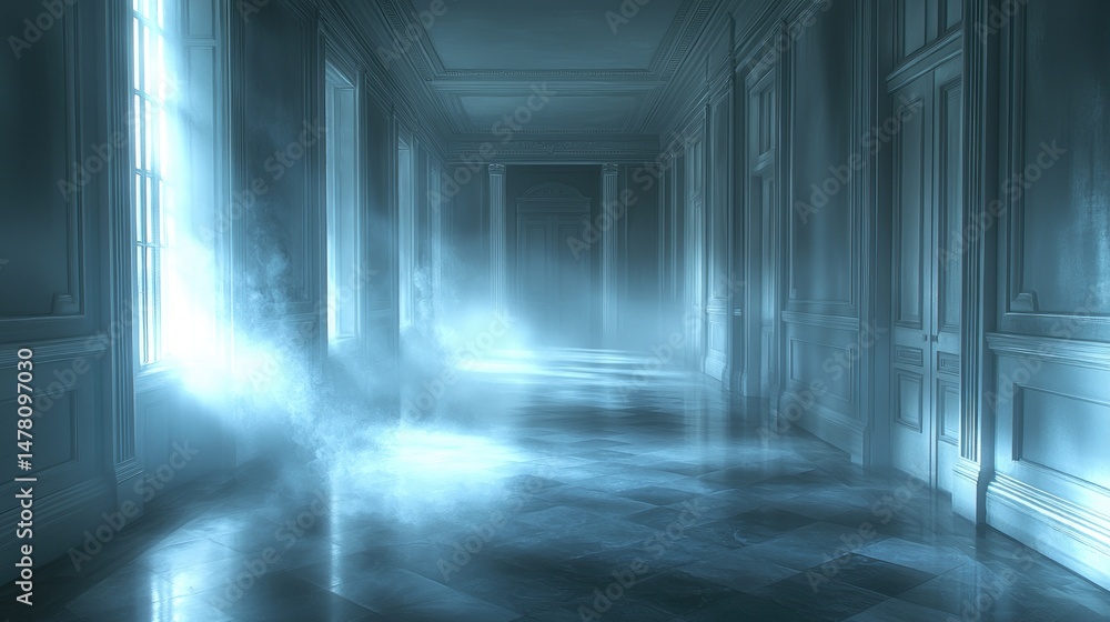 Poster ethereal hallway with mist and soft light illuminating elegant architecture