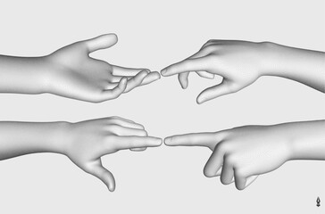 Hands reaching towards each other. Concept of human relation, togetherness or  partnership. 3D vector illustration. Design for banner, flyer, poster, cover or brochure.