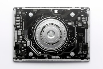Isolated in white background, center aligned, laptop Futuristic core element with electronic circuit motion
