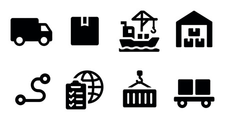 Shipping and logistics icons set, solid style, includes transport, delivery, professional, ui design