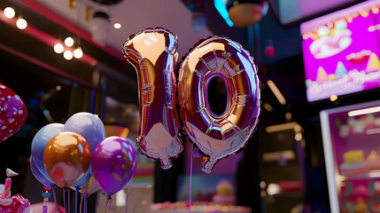 Celebrating a tenth birthday party, with a number ten metallic balloon, colorful balloons, and sweet treats, in a vibrant, festive space