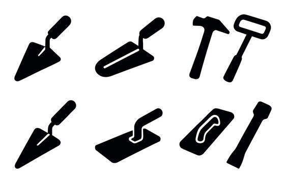 Construction tools icons set, silhouette style, includes masonry tools, black elements for web apps