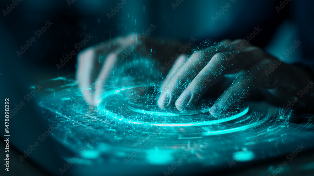 Poster close-up of hands interacting with a glowing teal digital interface, showcasing technological innova