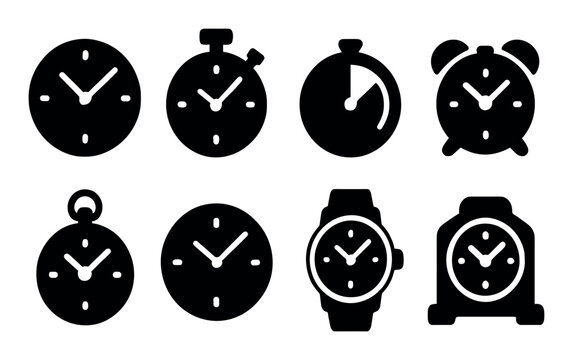 Timekeeping icons set, solid style, including stopwatch, clock, alarm, professional ui elements