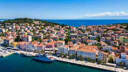 Daytime aerial view of Mali Lošinj (Losinj), Croatia, featuring Župna crkva rođenja Blažene...