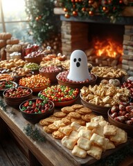 Halloween candy buffet by a fireplace