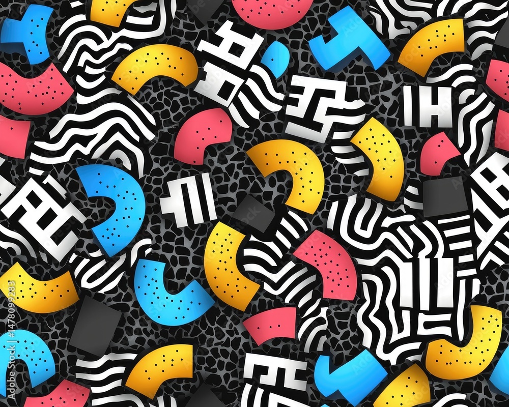 Poster colorful abstract pattern with geometric shapes and textures on a black background