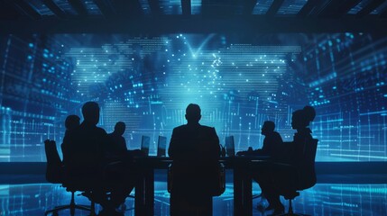 Corporate team strategizing in a collaborative meeting with digital technology tools for advanced marketing data analysis and informed investment decision-making in a modern business environment 