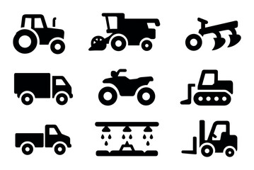 Farm machinery icons set, solid silhouette, professional and modern for web and app ui