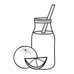 Orange Smoothie or Detox Cocktail in the bottle with straw. Healthy Drink Vector illustration with whole fruit and slice in Doodle style isolated. Black and white outline drawing. Ideal for beverage