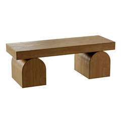 A wooden bench with two arched legs