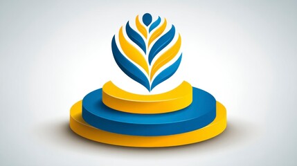 Abstract Logo Design with Blue and Yellow Elements on a Modern Podium