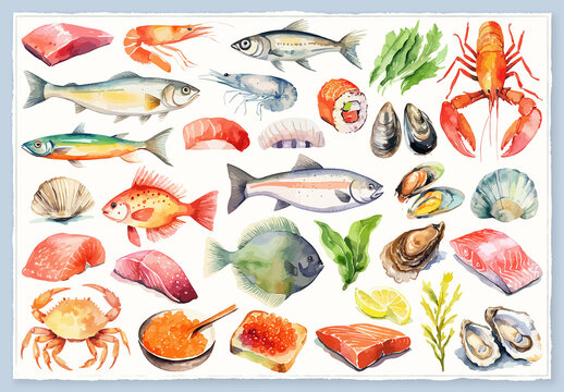 Vector watercolor painted style - seafood clipart isolated on white background.