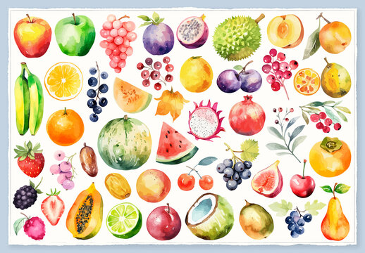 Vector watercolor painted style - fresh fruits clipart isolated on white background.