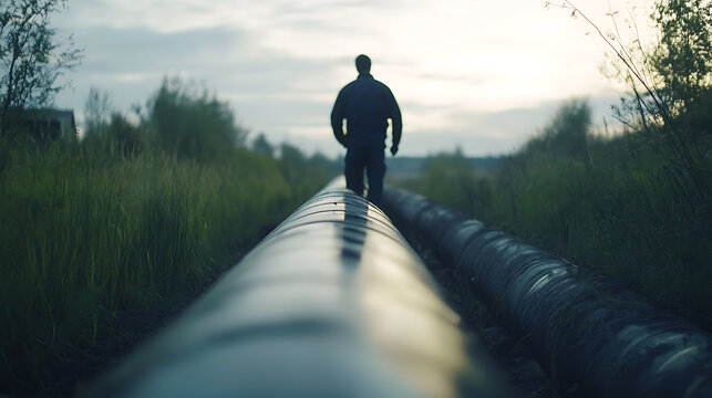 Person Walking on a Pipeline in a Rural Setting - Powered by Adobe