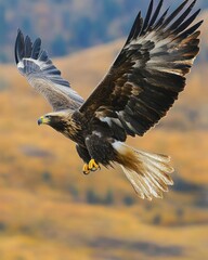 Majestic eagle soaring above golden landscape. Powerful wings outstretched, showcasing aerial grace against a backdrop of autumnal hues