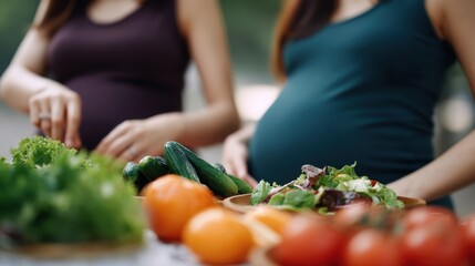 Two Pregnant Women Preparing Healthy Food Choices Nutrition and Wellness for Expectant Mothers