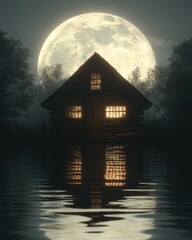 Wooden cabin on water at night