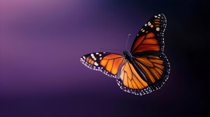 Fototapeta premium Monarch butterfly in flight, vibrant orange wings against a deep purple background. Detailed illustration, showcasing delicate wing patterns and textures, creating a sense of movement and freedom