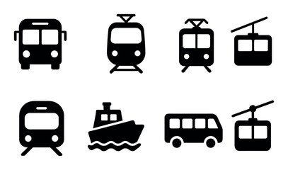 Transport icons: bus, train, tram, cable car, boat in silhouette style