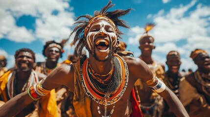 Vibrant celebration of cultural heritage and joyous expression in a tribal gathering