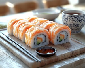 Fresh sushi rolls, aesthetically plated, with a side of soy sauce