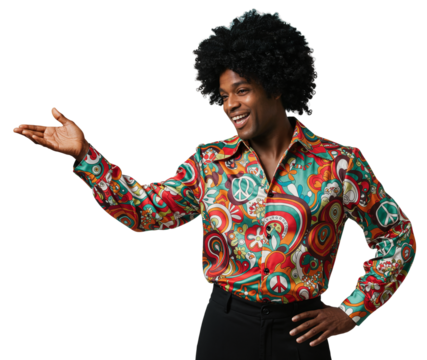 Smiling African American man with afro hair wearing 60s 70s psychedelic shirt and black pants. PNG transparent background