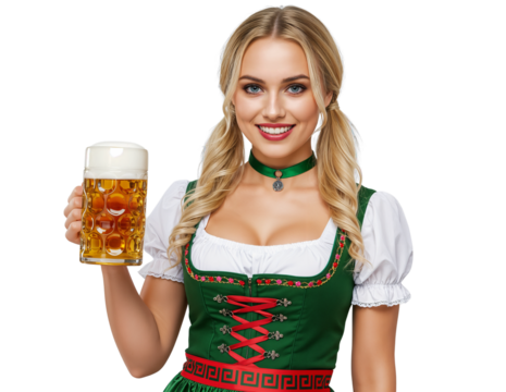Smiling woman with blond pigtails wears a traditional green and black Bavarian dirndl with floral embroidery and holds a beer mug. PNG transparent background - Powered by Adobe