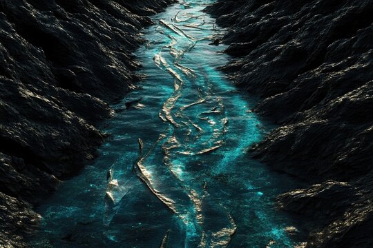Dark, rocky canyon with turquoise stream