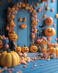 Halloween candy door display.  A whimsical scene filled with pumpkins, candy, and Halloween decorations.  A doorway is adorned with candy garlands and treats