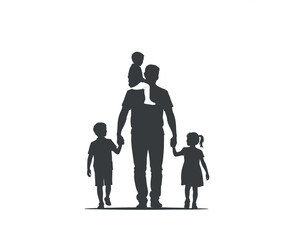 Silhouette of a Father Walking with His Three Children Holding Hands