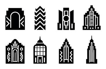 Fototapeta premium Art deco architecture icons set, solid black, elegant design for web