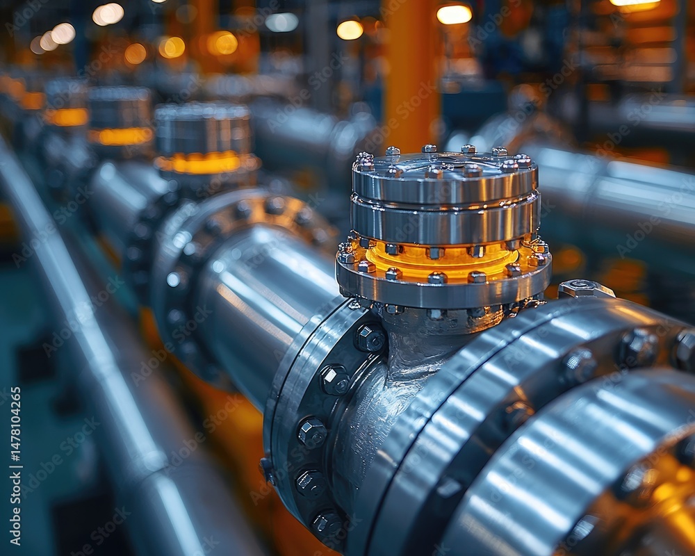 Aufkleber close-up of industrial pipelines with valves illuminated in a factory setting