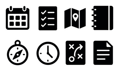 Black icons of calendars, maps, clocks, and documents