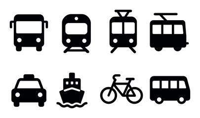 Transportation icons set – silhouette, solid, filled travel and transit symbols