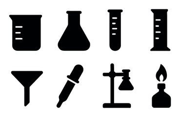 Science and lab equipment icons set – solid, silhouette, isolated chemistry tools