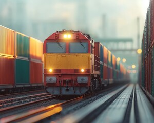 Naklejka premium Train transporting colorful containers through an industrial area at dusk