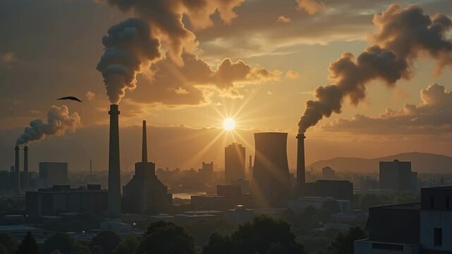 Industrial pollution at sunset, impacting the environment, for environmental awareness campaigns
