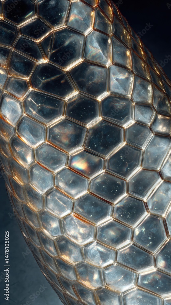 Poster close-up view of a textured surface showcasing a pattern resembling honeycomb with reflections and i