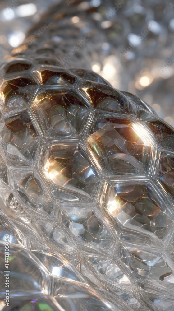 Poster intricate texture of clear glass resembling a honeycomb structure reflecting light in a natural sett