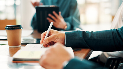 Hands, notebook and writing at meeting, office and business people with planning, strategy and...