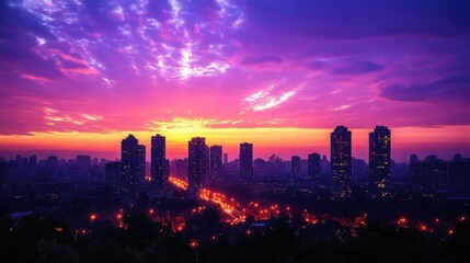Fototapeta premium Urban cityscape at twilight with vibrant sunset colors.