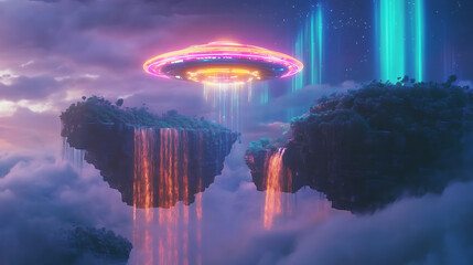 Futuristic floating islands with a vibrant UFO hovering above, surrounded by cascading waterfalls and clouds