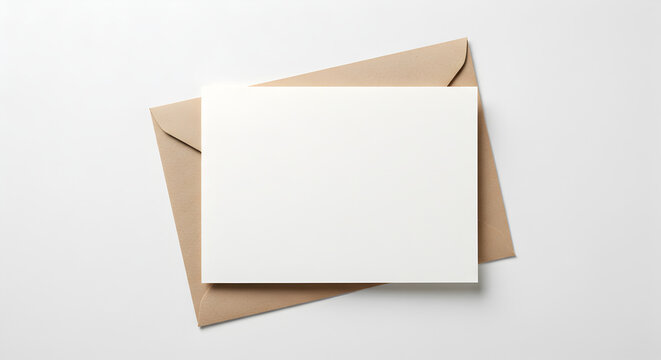 A blank white card resting on a brown kraft envelope against a plain white background surface view