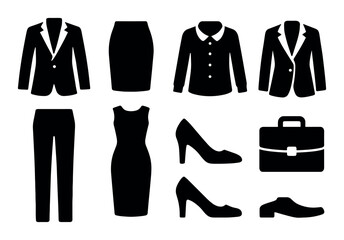 Fototapeta premium Business attire icons: suits, dresses, shoes, briefcase in black and white