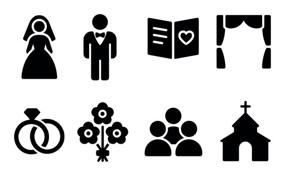 Wedding symbols: bride, groom, rings, bouquet, ceremony icons in black