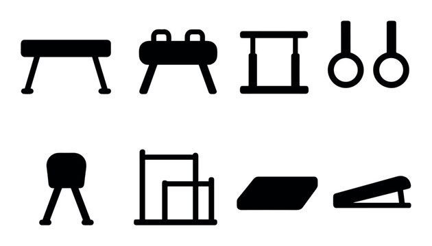 Silhouette icons of gymnastics equipment for training and competition