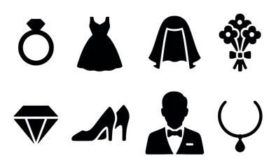 Wedding elements silhouettes: dress, ring, tuxedo, bouquet, shoes