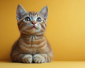 Fototapeta premium Cute orange tabby kitten sitting against a bright yellow background, looking curious