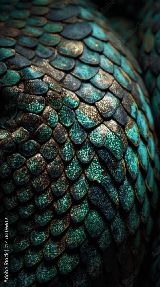 Poster scales of a colorful reptile showing intricate patterns and textures in natural light